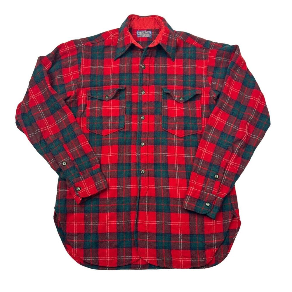 Pendleton Vintage 50s Plaid Wool Guide Board Shirt FLAW Red Green Mens S Small